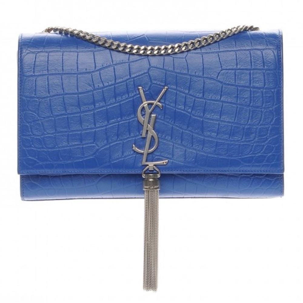 YSL Blue Croc-Embossed leather Kate Chain Bag